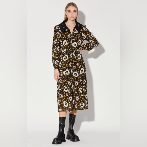 NWT Walter Baker Floral Black and Brown Midi Dress Sz S